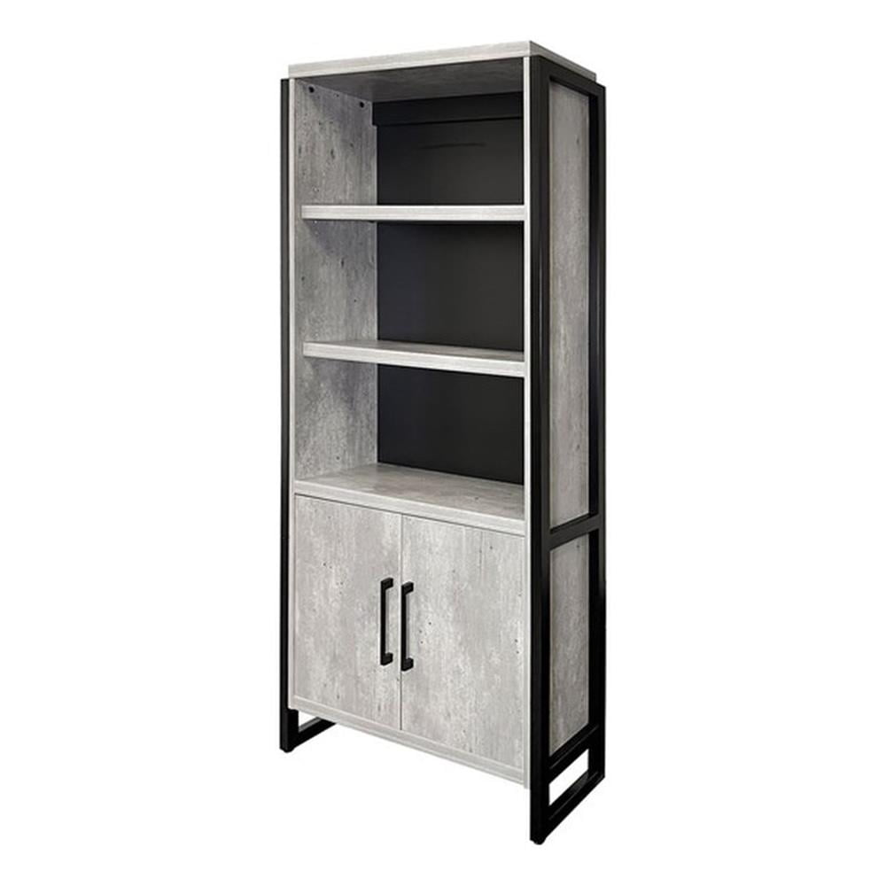Modern Black and Gray Wood Laminate Bookcase with Adjustable Shelves and Doors