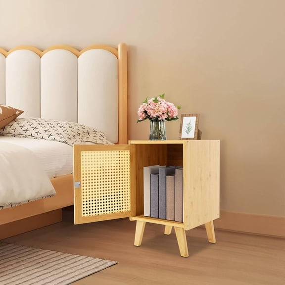 Modern Wood Nightstand, Boho Side Table with Handmade Rattan Decorated Door, Rattan Bedside Table Night Stand for Bedroom Furniture