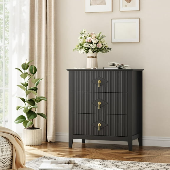 Modern Wood Nightstand Fluted Dresser for Bedroom, 27.5" Wide 3-Drawer Bedside Tables, Storage End Table Chest of Drawers, for Living Room, Hallway, Entryway