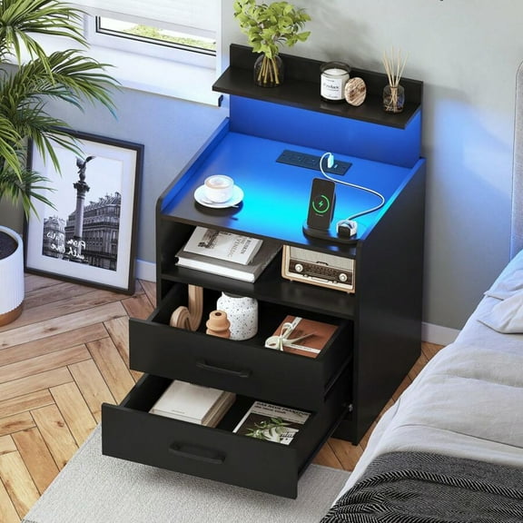 Modern Wood Nightstand - With Charging Station, LED Light, Drawers & Storage Shelf, Multi-Functional End/Side Table for Bedroom