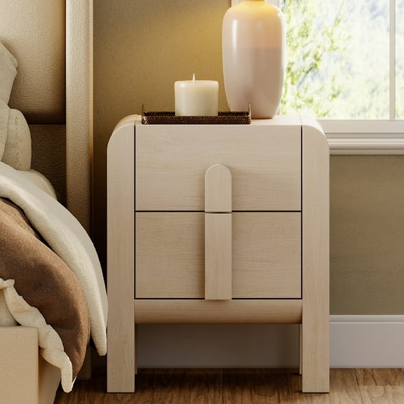 Modern Wood Nightstand with 2 Drawers ,Curved Mid-Century End Table with Built-In Charging Station for Bedroom, Living Room,Entryway