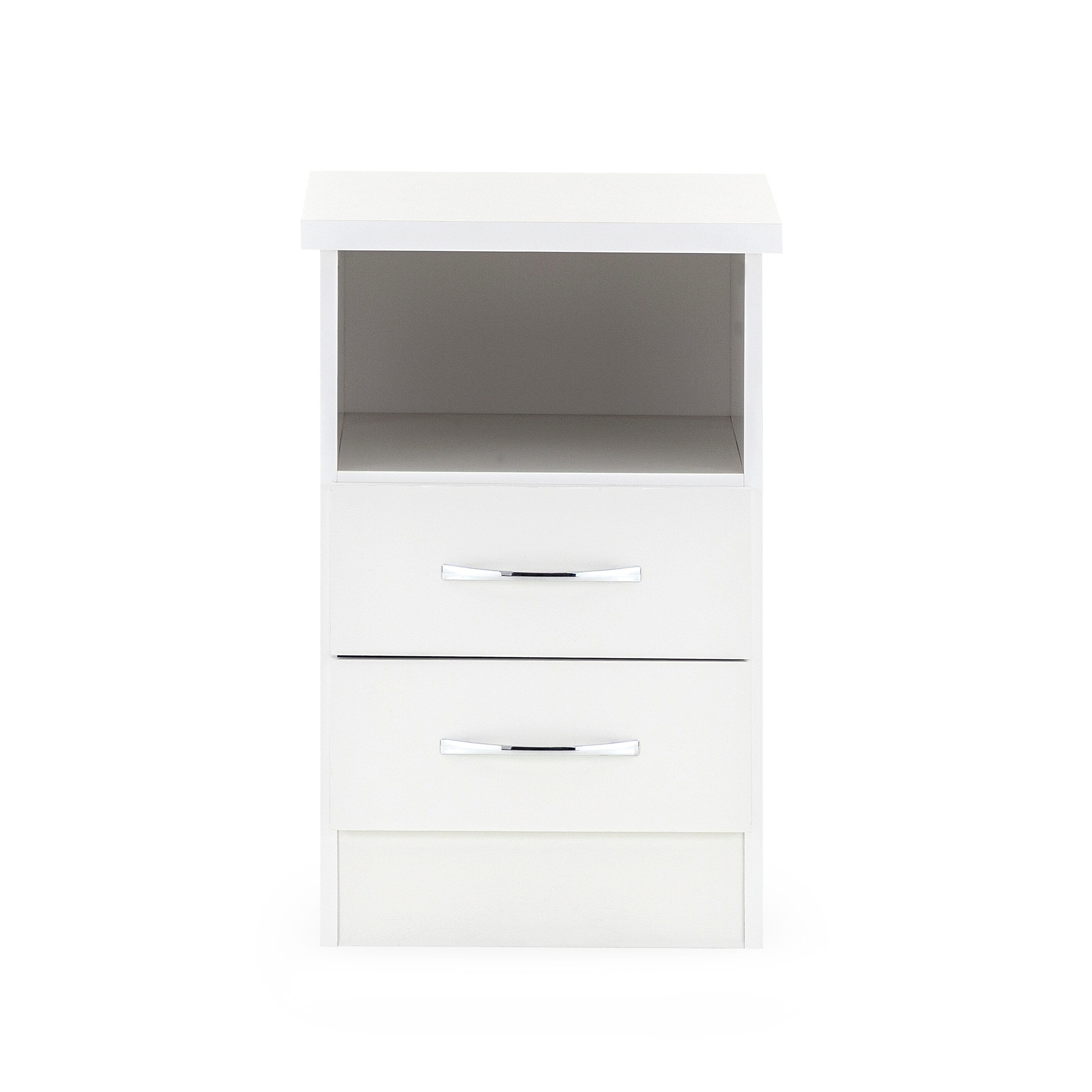 White Engineered Wood Modern 2-Drawer Nightstand with Open Shelf