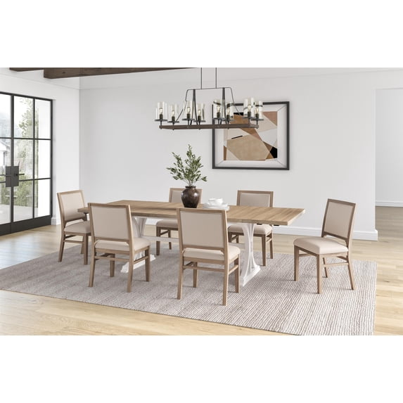 Modern Wood Rectangular Trestle Base Kitchen Dining Table and Six Chairs Brown