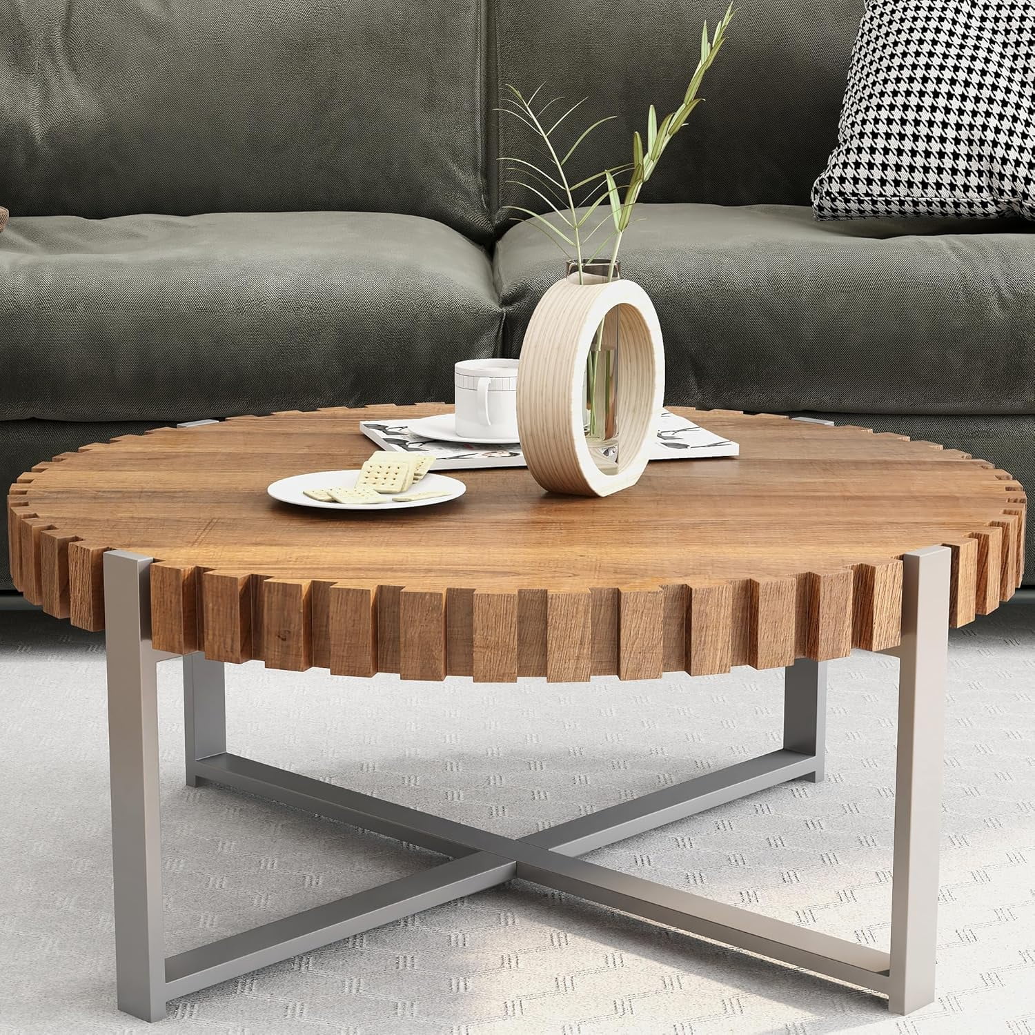 Picture of Modern Wood Round Coffee Table for Living Room, Farmhouse 31.5