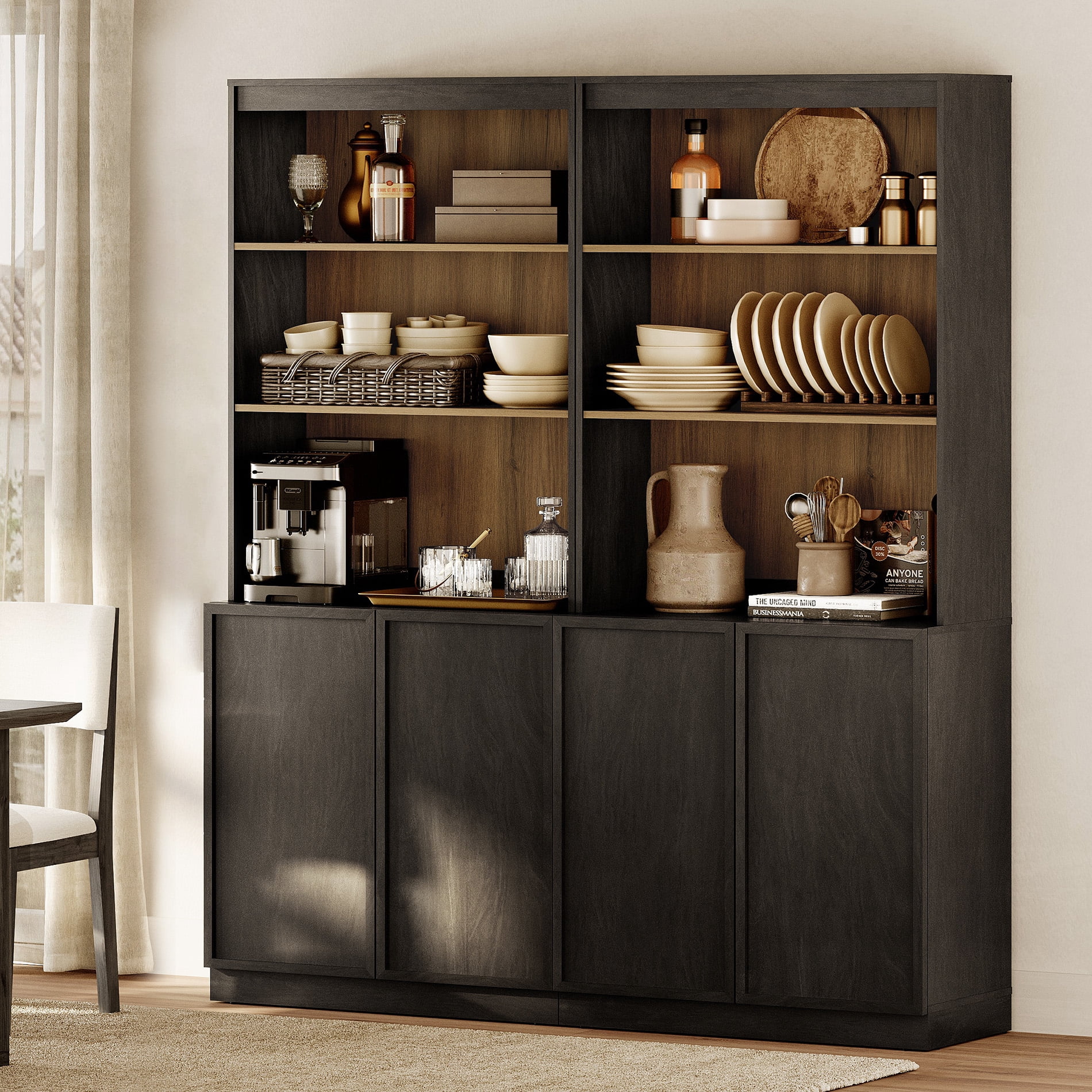 Modern Wood Sideboard Buffet with Doors & Adjustable Shelves, 72" Tall Storage Cabinet for Dining Room Kitchen,Black