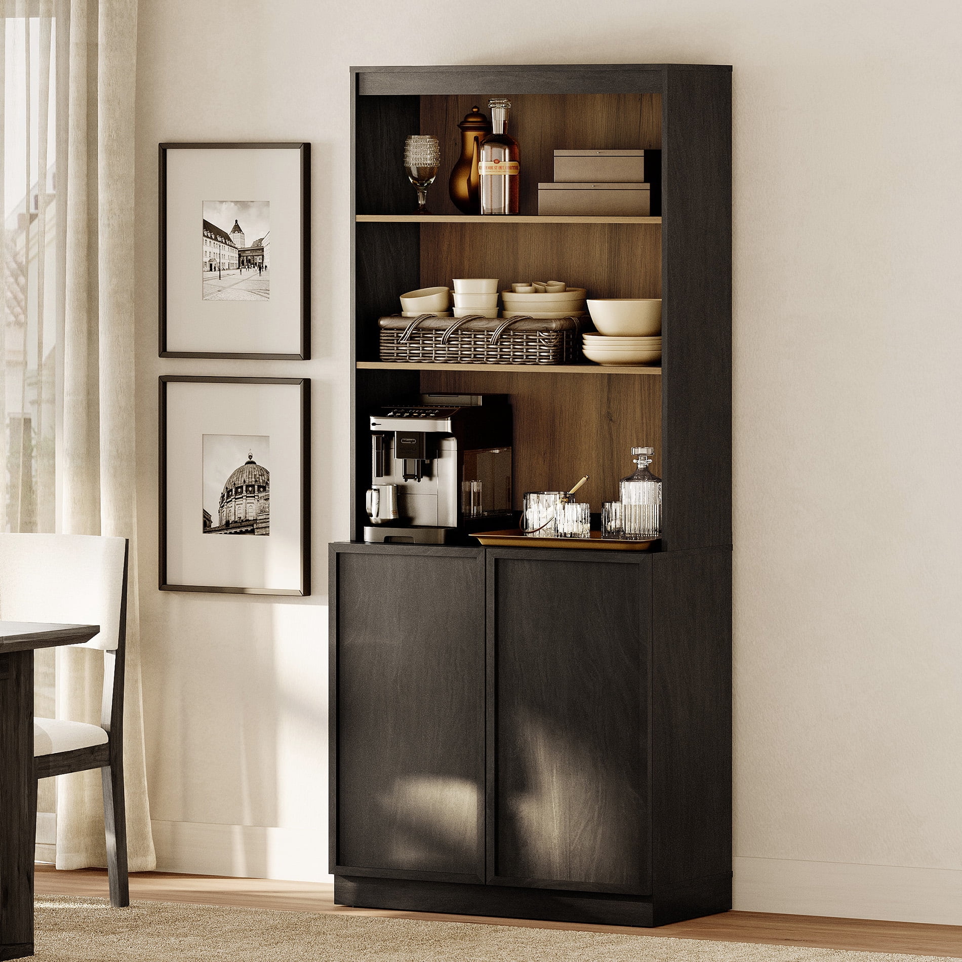 Modern Wood Sideboard Buffet with Doors & Adjustable Shelves, 72" Tall Storage Cabinet for Dining Room Kitchen,Black