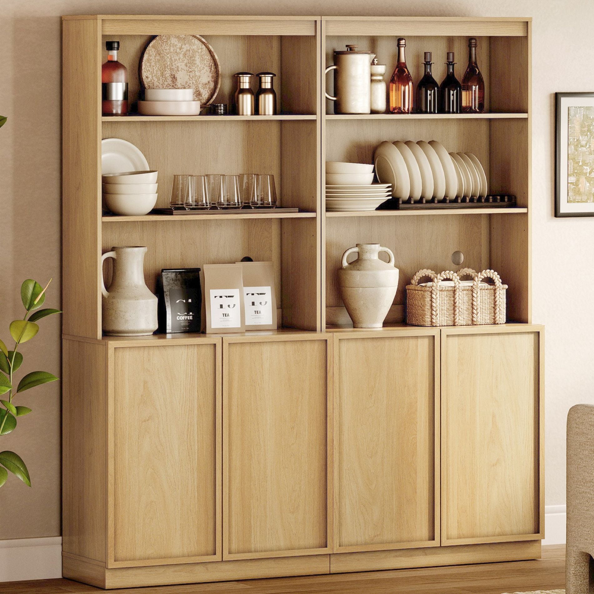 Modern Wood Sideboard Buffet with Doors & Adjustable Shelves, 72" Tall Storage Cabinet for Dining Room Kitchen,Oak