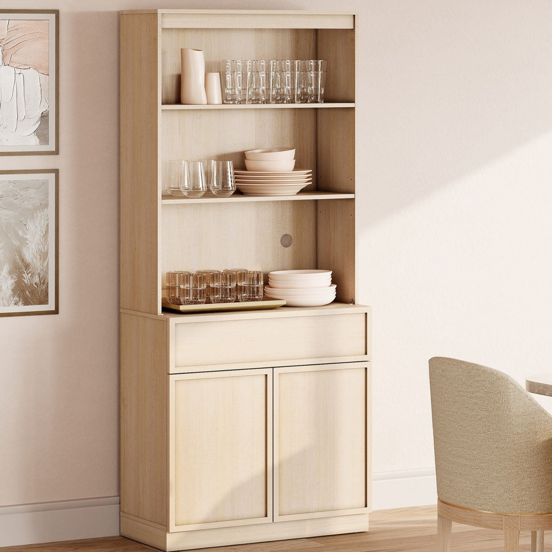 Modern Wood Sideboard Buffet with Doors, Drawers & Adjustable Shelves, 72" Tall Storage Cabinet for Dining Kitchen,Beige
