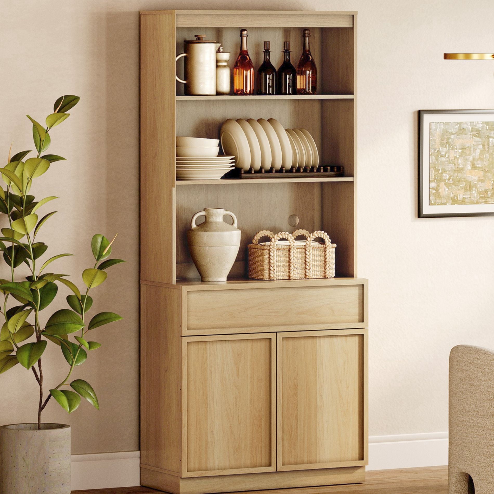 Modern Wood Sideboard Buffet with Doors, Drawers & Adjustable Shelves, 72" Tall Storage Cabinet for Dining Kitchen,Oak