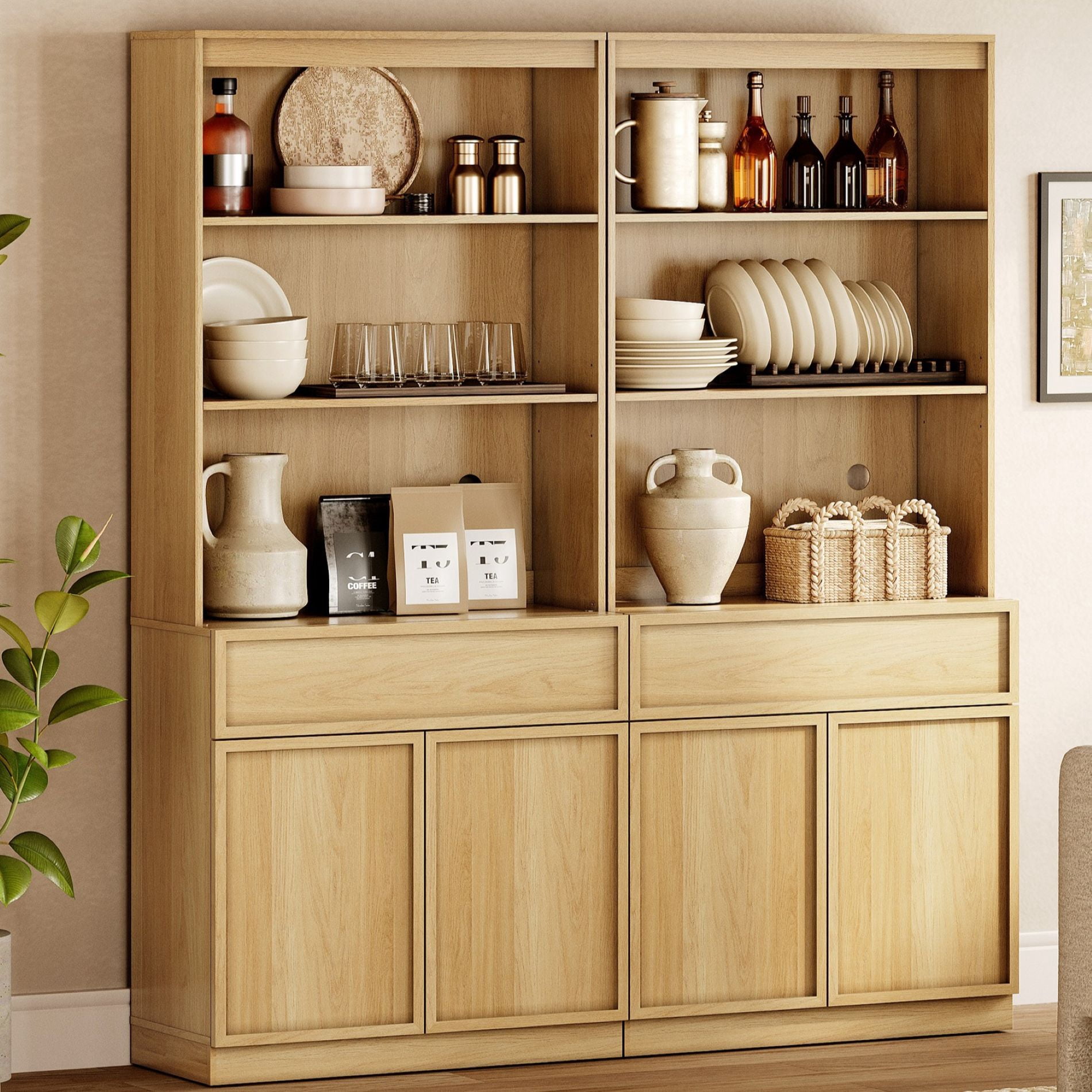 Modern Wood Sideboard Buffet with Doors, Drawers & Adjustable Shelves, 72" Tall Storage Cabinet for Dining Kitchen,Oak