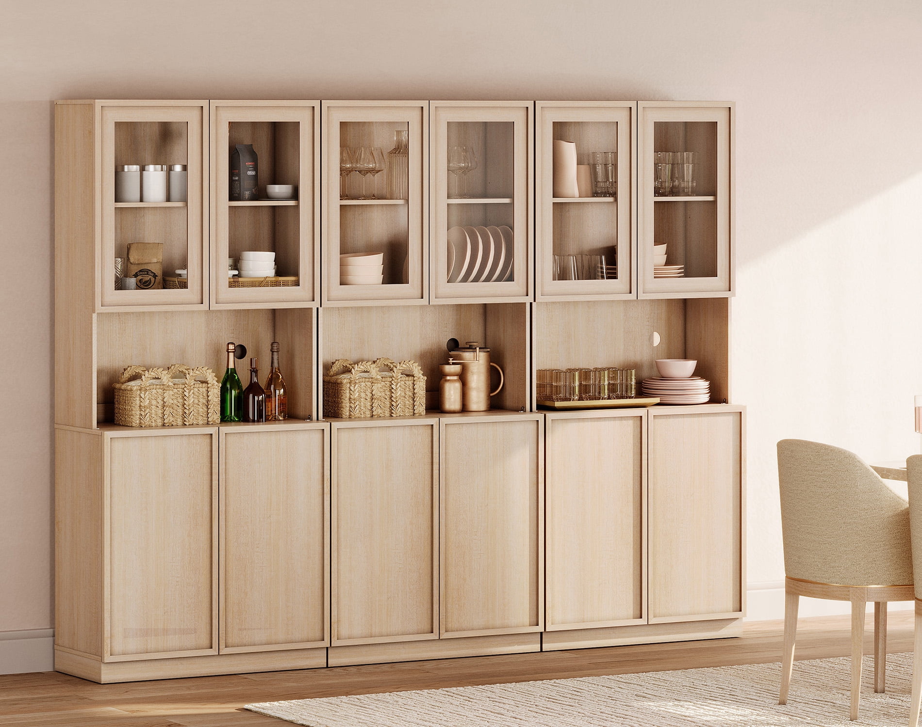 Modern Wood Sideboard Buffet with Glass Doors & Adjustable Shelves, 72" Tall Glass Display Storage Cabinet for Dining Kitchen,Beige