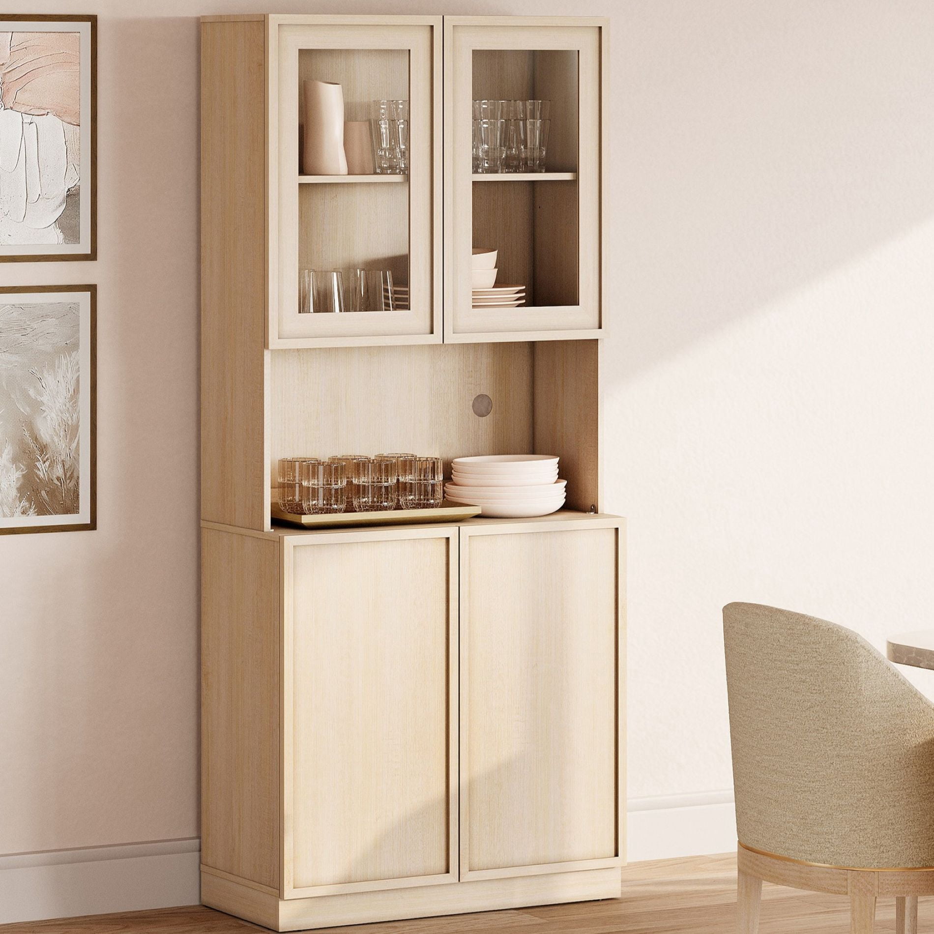 Modern Wood Sideboard Buffet with Glass Doors & Adjustable Shelves, 72" Tall Glass Display Storage Cabinet for Dining Kitchen,Beige