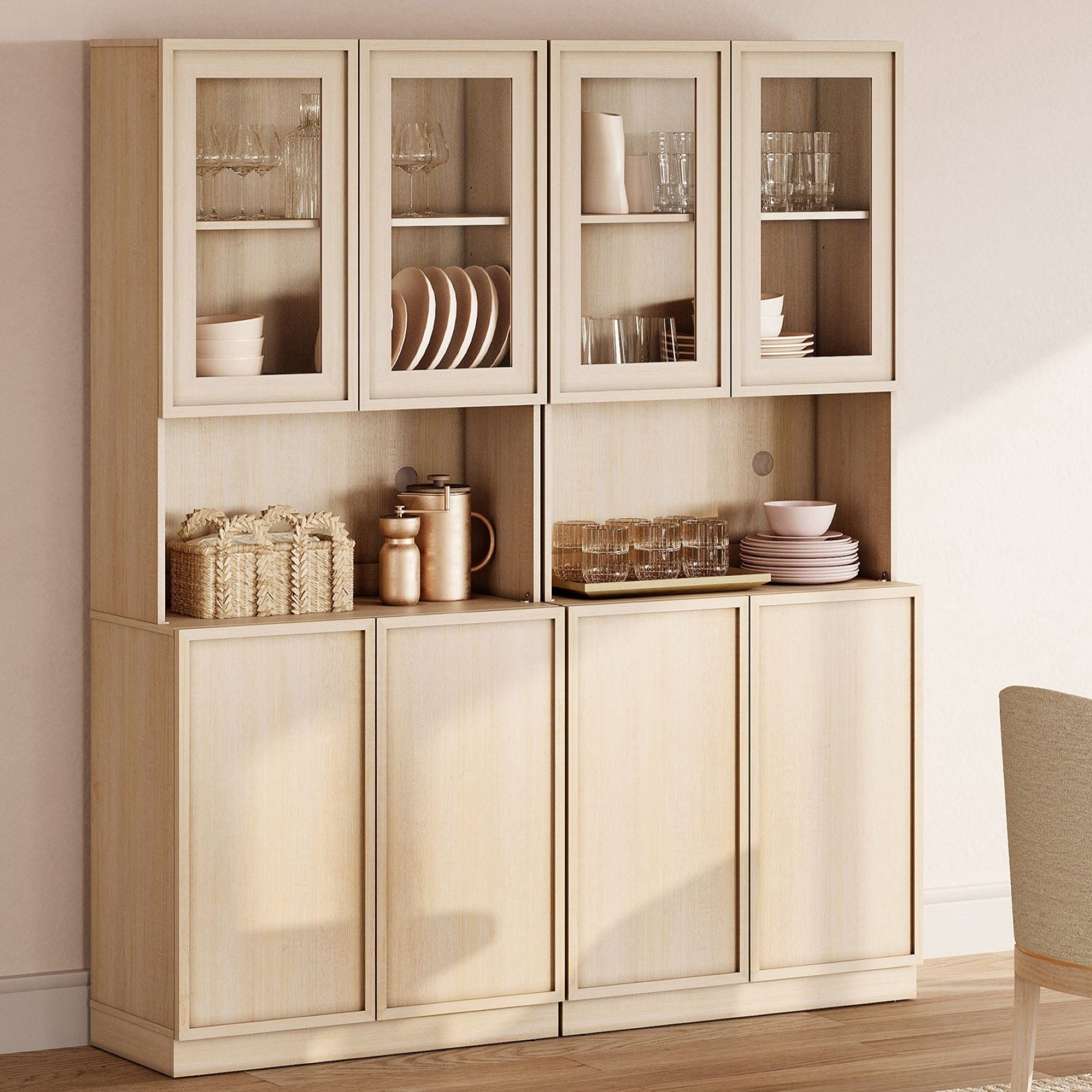 Modern Wood Sideboard Buffet with Glass Doors & Adjustable Shelves, 72" Tall Glass Display Storage Cabinet for Dining Kitchen,Beige