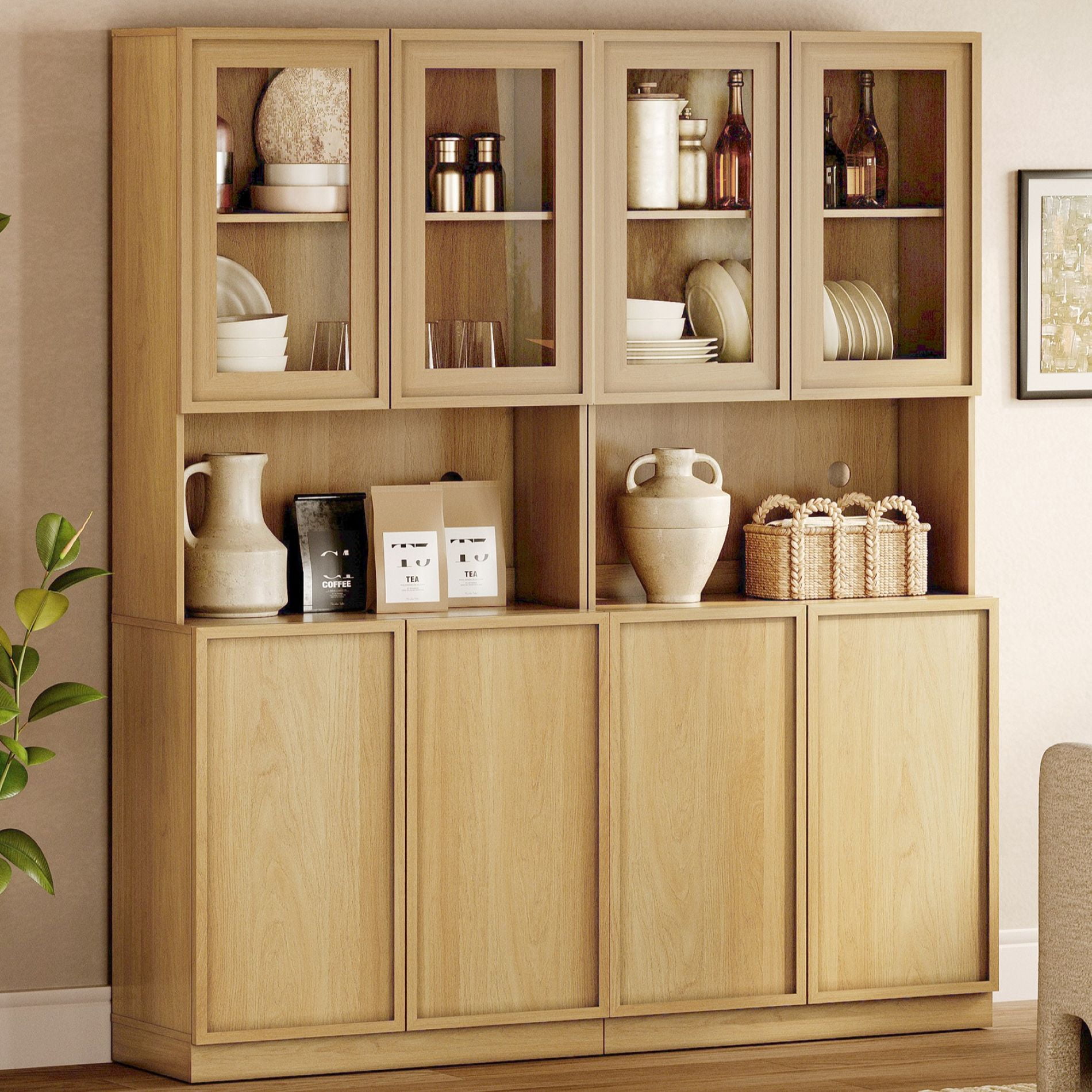 Modern Wood Sideboard Buffet with Glass Doors & Adjustable Shelves, 72" Tall Glass Display Storage Cabinet for Dining Kitchen,Oak