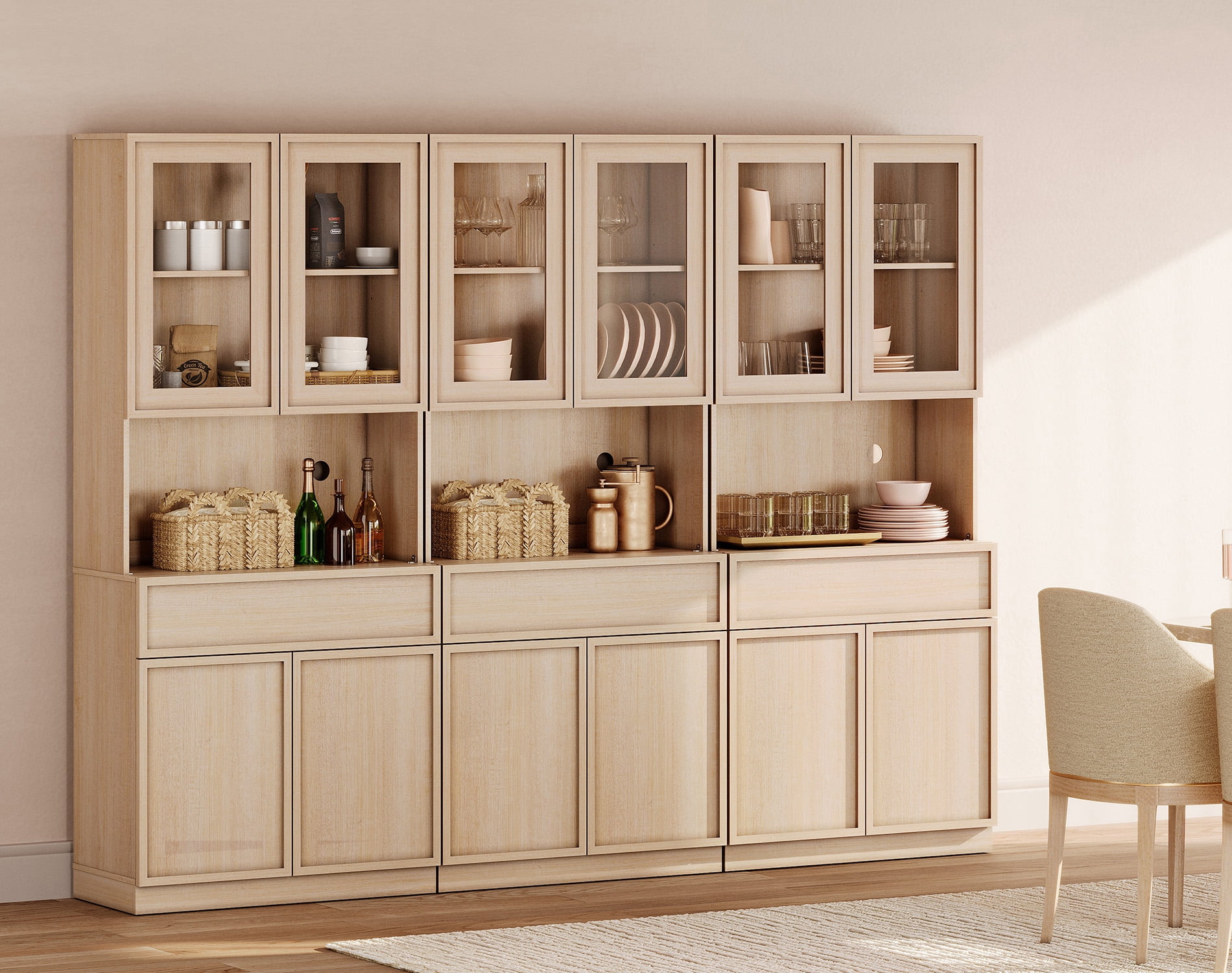 Modern Wood Sideboard Buffet with Glass Doors, Drawers & Adjustable Shelves, 72" Tall Glass Display Storage Cabinet,Beige