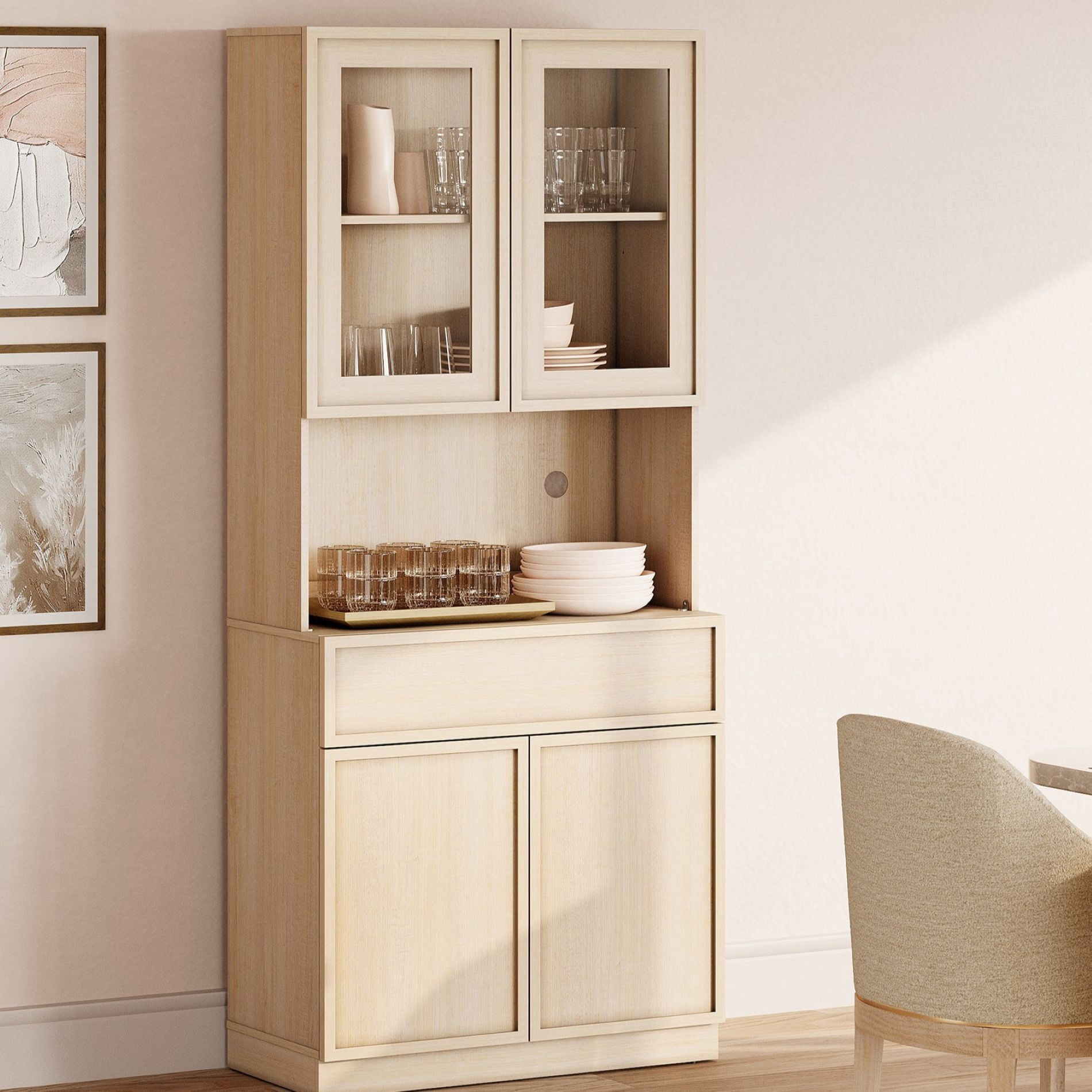 Modern Wood Sideboard Buffet with Glass Doors, Drawers & Adjustable Shelves, 72" Tall Glass Display Storage Cabinet,Beige