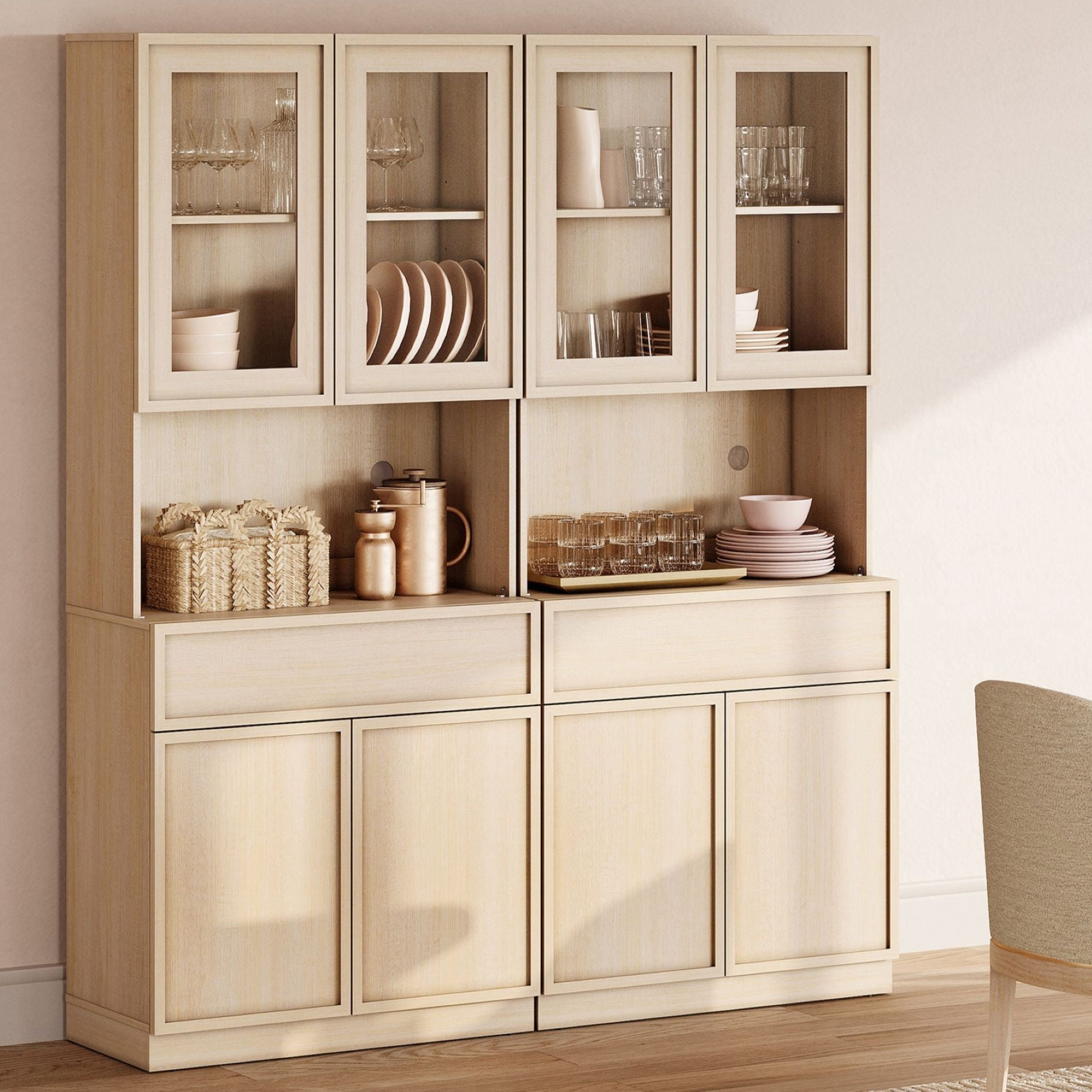 Modern Wood Sideboard Buffet with Glass Doors, Drawers & Adjustable Shelves, 72" Tall Glass Display Storage Cabinet,Beige