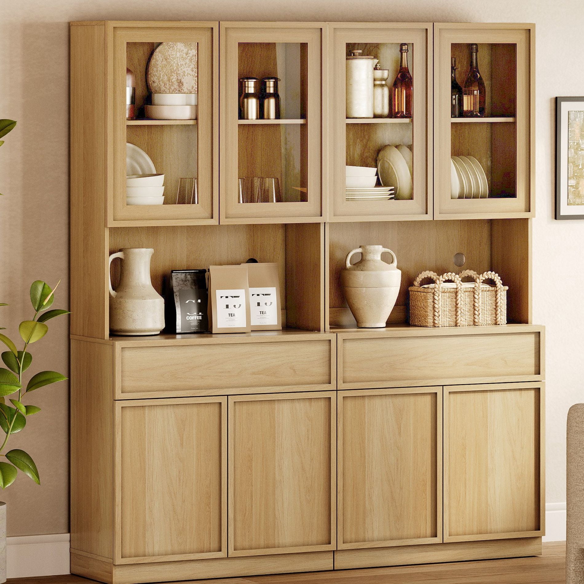 Modern Wood Sideboard Buffet with Glass Doors, Drawers & Adjustable Shelves, 72" Tall Glass Display Storage Cabinet,Oak