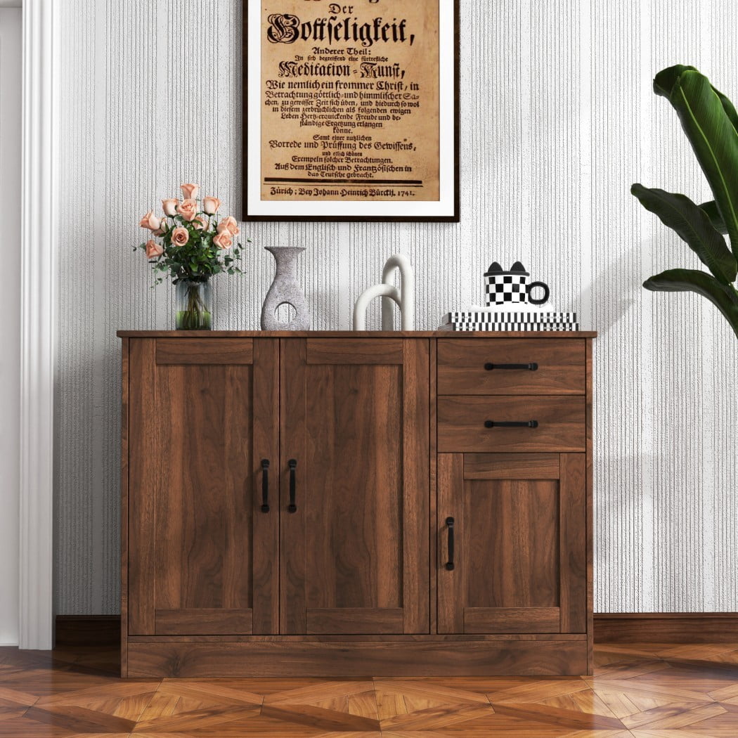 Modern Wood Sideboard Cabinet, 43.3" Buffet Storage Cabinet with 2 Doors, 2 Drawers & Adjustable Shelf, Console Table for Dining Room, Living Room & Entryway, Walnut