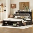 thumbnail image 1 of Modern Wood Storage Queen Platform Bed Frame, Button Tufted Headboard with Hidden Storage Shelves, 4 Drawers and Double Layer Shoe Rack, No Box Spring Needed, Espresso, 1 of 14