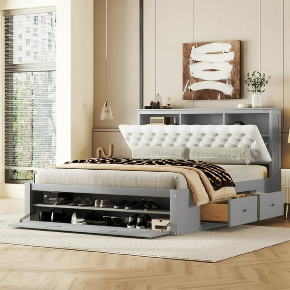 Modern Wood Storage Queen Platform Bed Frame, Button Tufted Headboard with Hidden Storage Shelves, 4 Drawers and Double Layer Shoe Rack, No Box Spring Needed, Gray