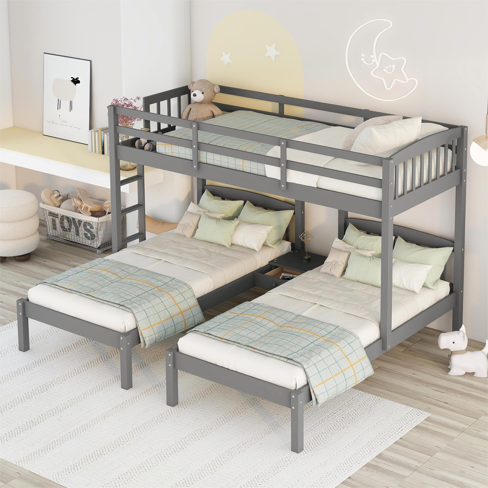 Modern Wood Twin over Twin Bunk Bed with Table for kids Room Gray
