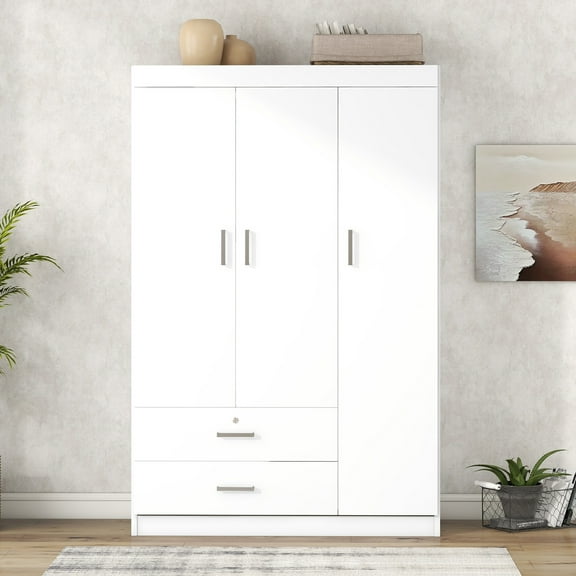 Modern Wood Wardrobe Closet with Doors Drawers and Hanging Rail, Freestanding Armoires Storage Cabinet Organizer for Bedroom Gym School