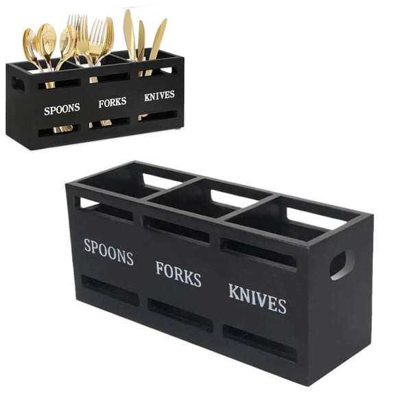 Modern Wooden 3 Compartment Cutlery Holder, Silverware Organizer Storage Container for Fork Spoon on Countertop, Black, 1 Box