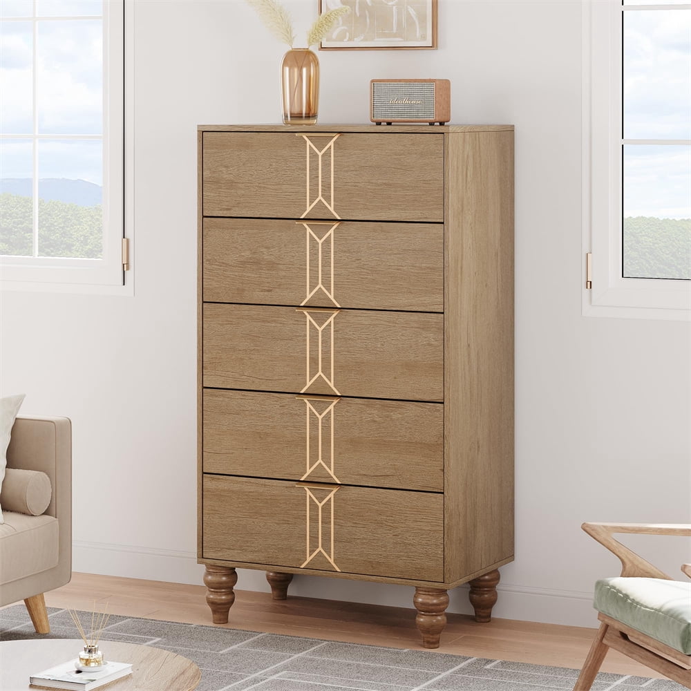 Modern Wooden 5 Drawer Dresser with Vintage Pattern Design, Tall ...