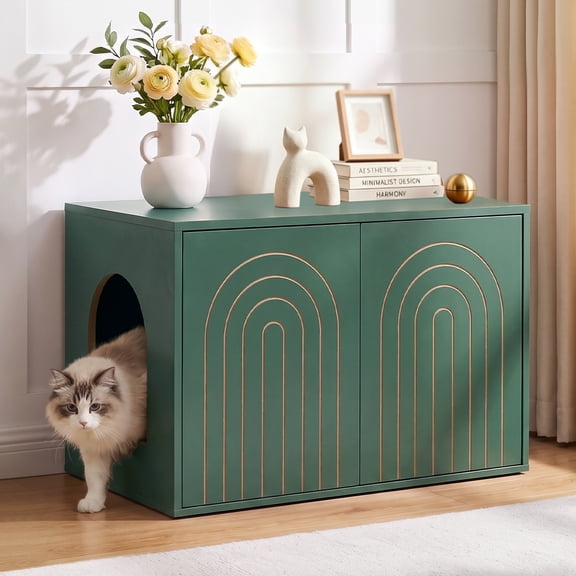 Modern Wooden Cat Litter Box Enclosure with Double Doors, Hidden Cat Washroom Furniture Side Table, Odor Control & Ventilation, Fits Most XL Litter Boxes, Green