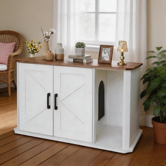 Modern Wooden Cat Litter Box Enclosure – Hidden Washroom Cabinet with Double Doors, Side Entry, Large Indoor Cat House End Table, Easy-Clean Sturdy Furniture