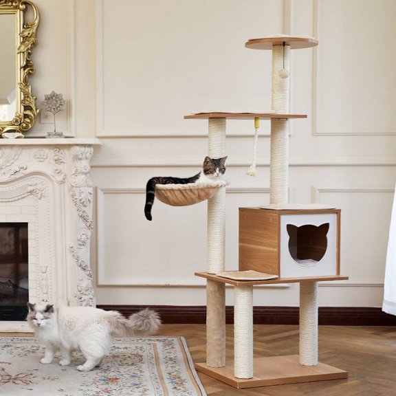 Modern Wooden Cat Tree Multi-Level Cat Tower With Fully Sisal Covering Scratching Posts, Deluxe Condos And Large Space Capsule Nest
