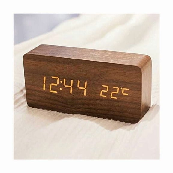 Modern Wooden Clock - LED Digital Wooden Clock Desktop Date Temperature and Humidity Display 12/24 Hours - Suitable for Home, Bedroom, Office (Brown)