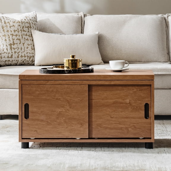Tina's Home Modern Wooden Coffee Table with 1 Drawer and 2 Sliding Doors for Living Room Acorn