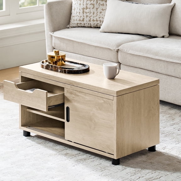 Tina's Home Modern Wooden Coffee Table with 1 Drawer and 2 Sliding Doors for Living Room Natural