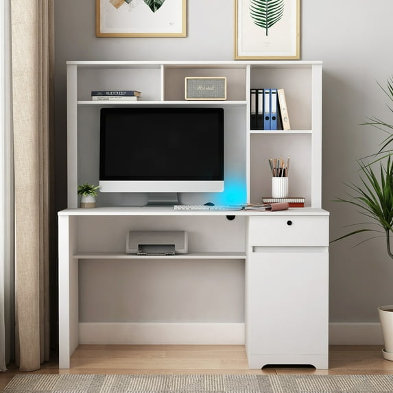 Modern Wooden Computer Desk with Hutch & Drawers, 3 AC Outlets + 2 USB Ports, USB Night Light, Durable Design for Students, White