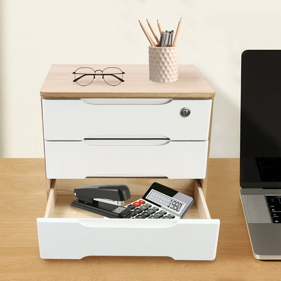 Modern Wooden Desktop Storage Box, Desk Organizer, Desktop Box with Lockable Drawers