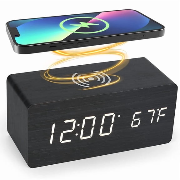 Modern Wooden Digital LED Desk Alarm Clock Thermometer Wireless Charger USA -