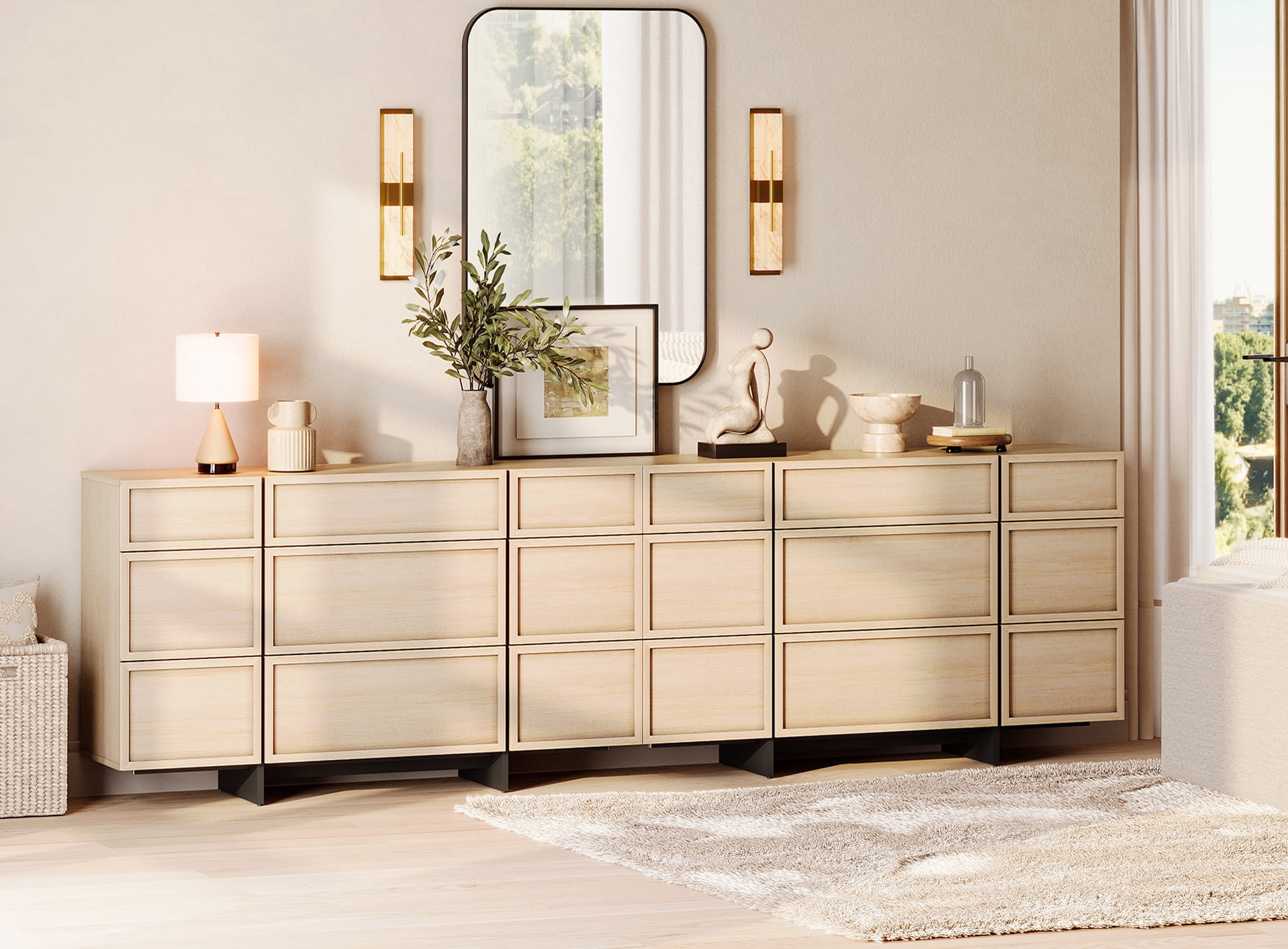 Modern Wooden Dresser, 18 Drawers Large Capacity Chest of Drawers with T-Shaped Wood Legs, Home Storage Organizer for Bedroom Hallway Living Room,Beige