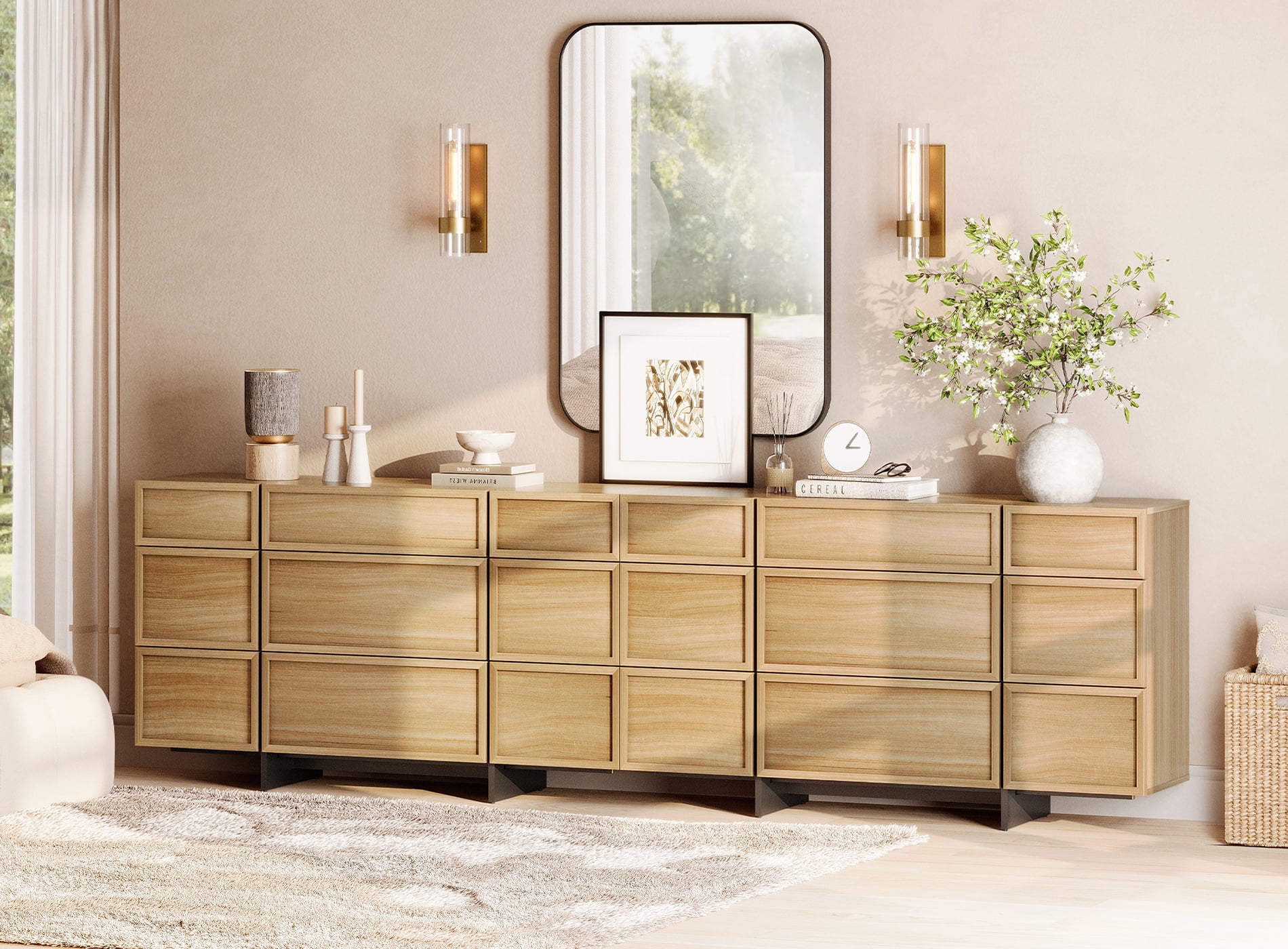 Modern Wooden Dresser with 18 Drawers and T-Shaped Wood Legs, Multi-Functional Chest of Drawers Storage Cabinet Closet Organizer for Bedroom, Hallway, Living Room, Oak