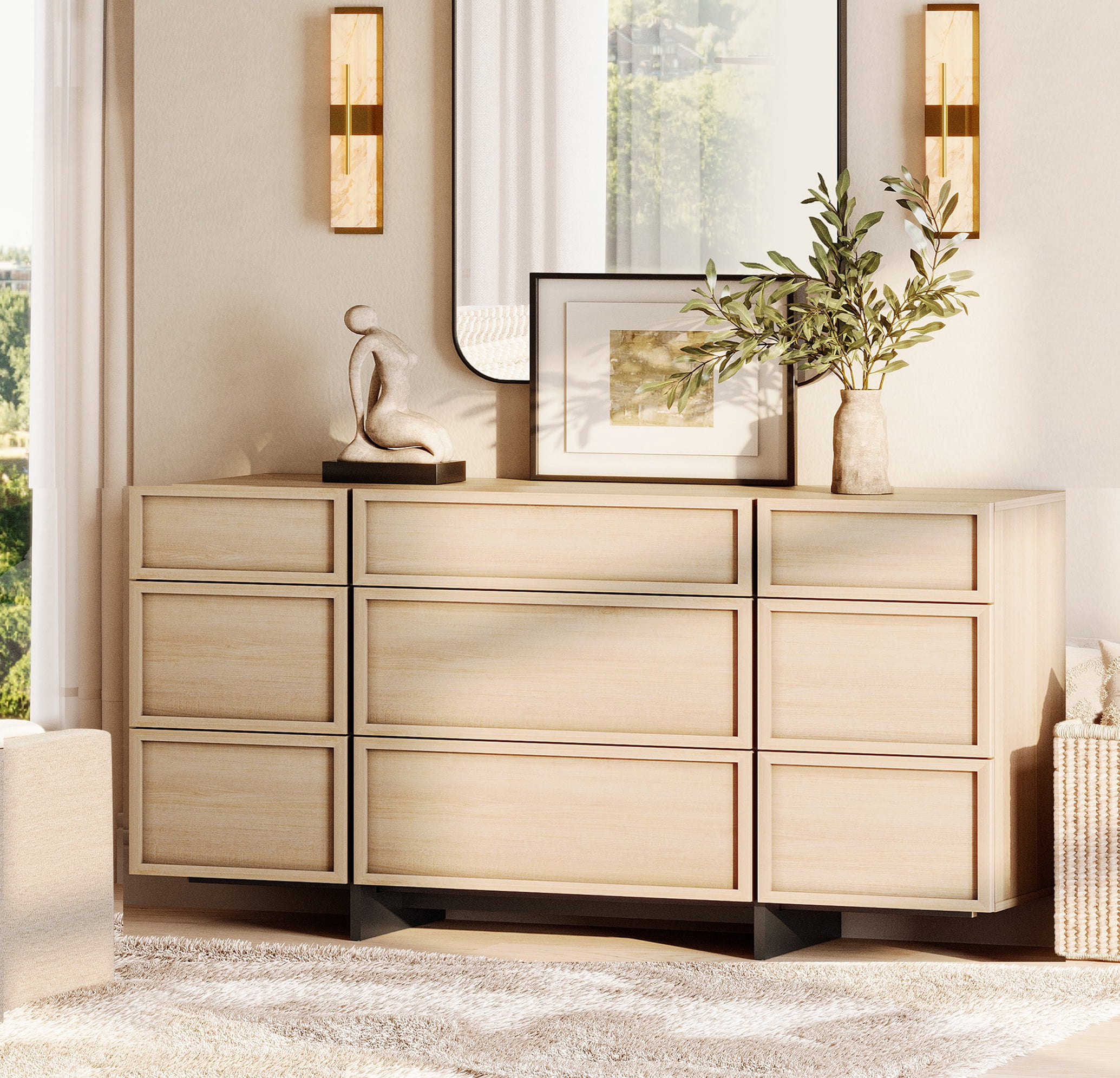 Modern Wooden Dresser, 9 Drawers Chest of Drawers with T-Shaped Sturdy Wood Legs, Multi-Functional Storage Cabinet Organizer for Bedroom, Hallway, Living Room,Beige