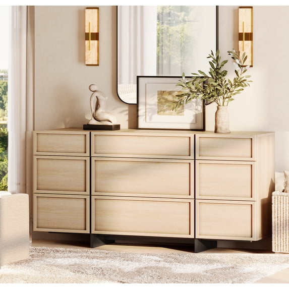 Modern Wooden Dresser, 9 Drawers Chest of Drawers with T-Shaped Sturdy Wood Legs, Multi-Functional Storage Cabinet Organizer for Bedroom, Hallway, Living Room,Beige
