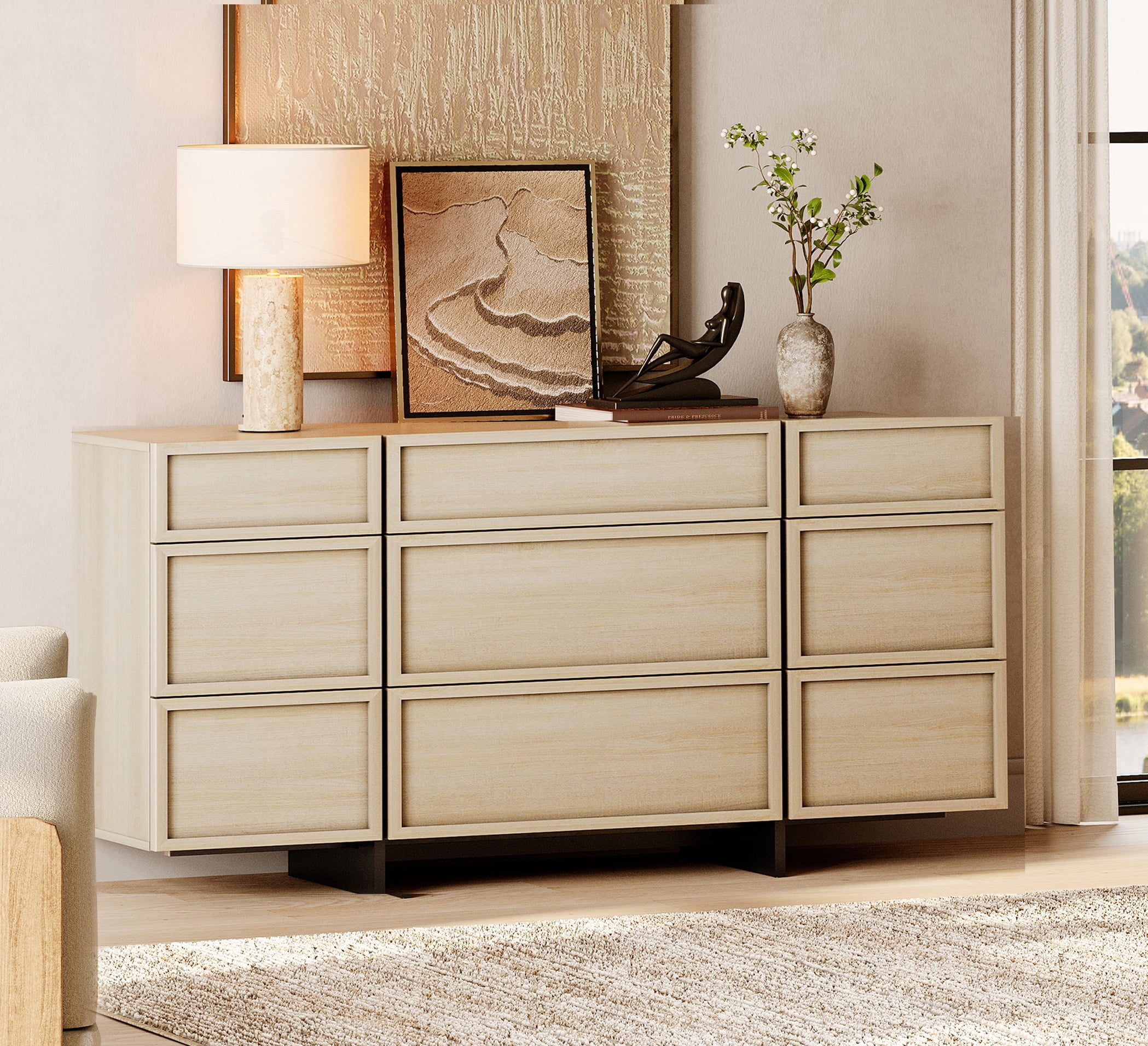 Modern Wooden Dresser with 9 Drawers and T-Shaped Wood Legs, Multi-Functional Chest of Drawers Storage Cabinet Closet Organizer for Bedroom, Hallway, Living Room, Beige