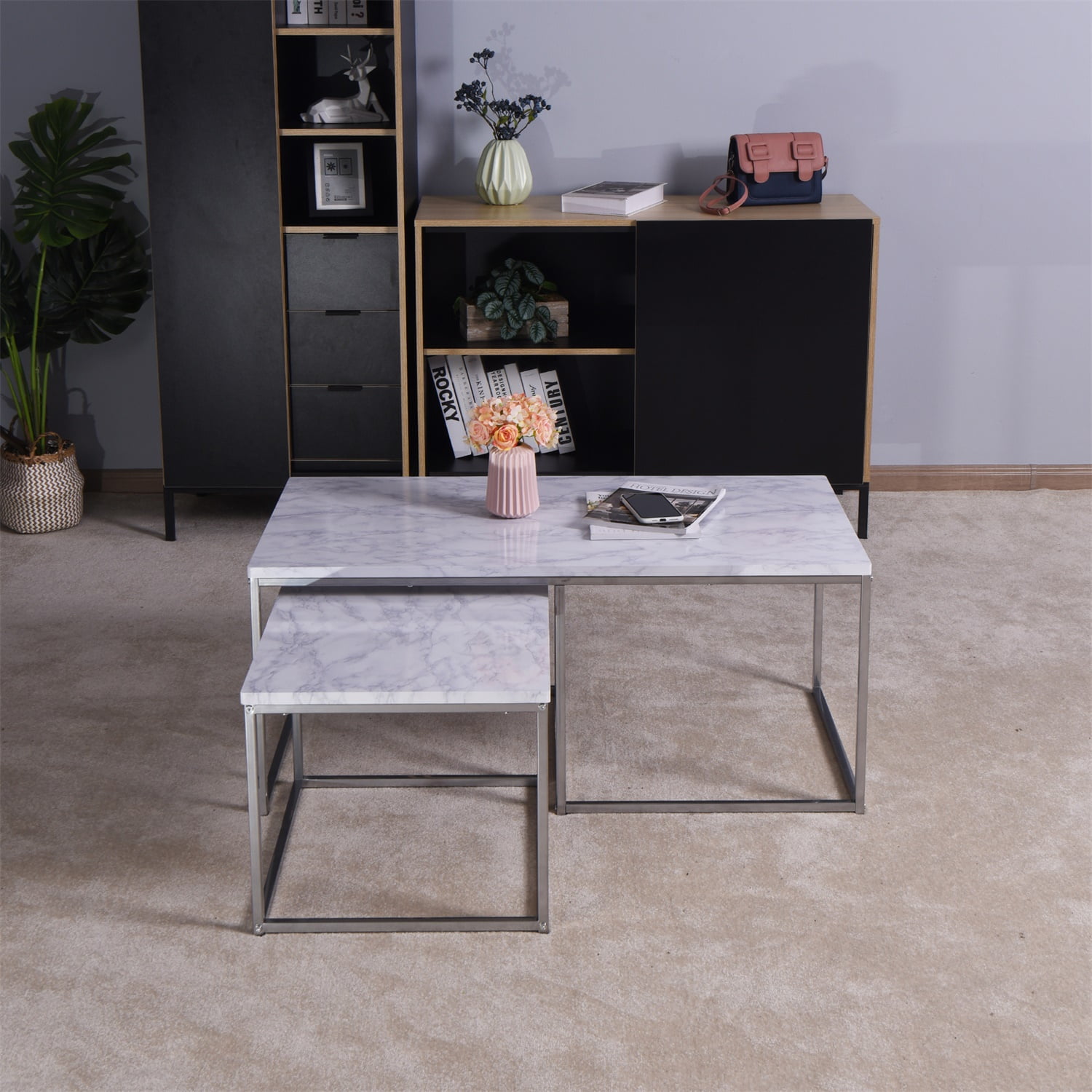 Modern Wooden End Table, Sofa Side Table with Artificial Marble Table Top and Metal Frame