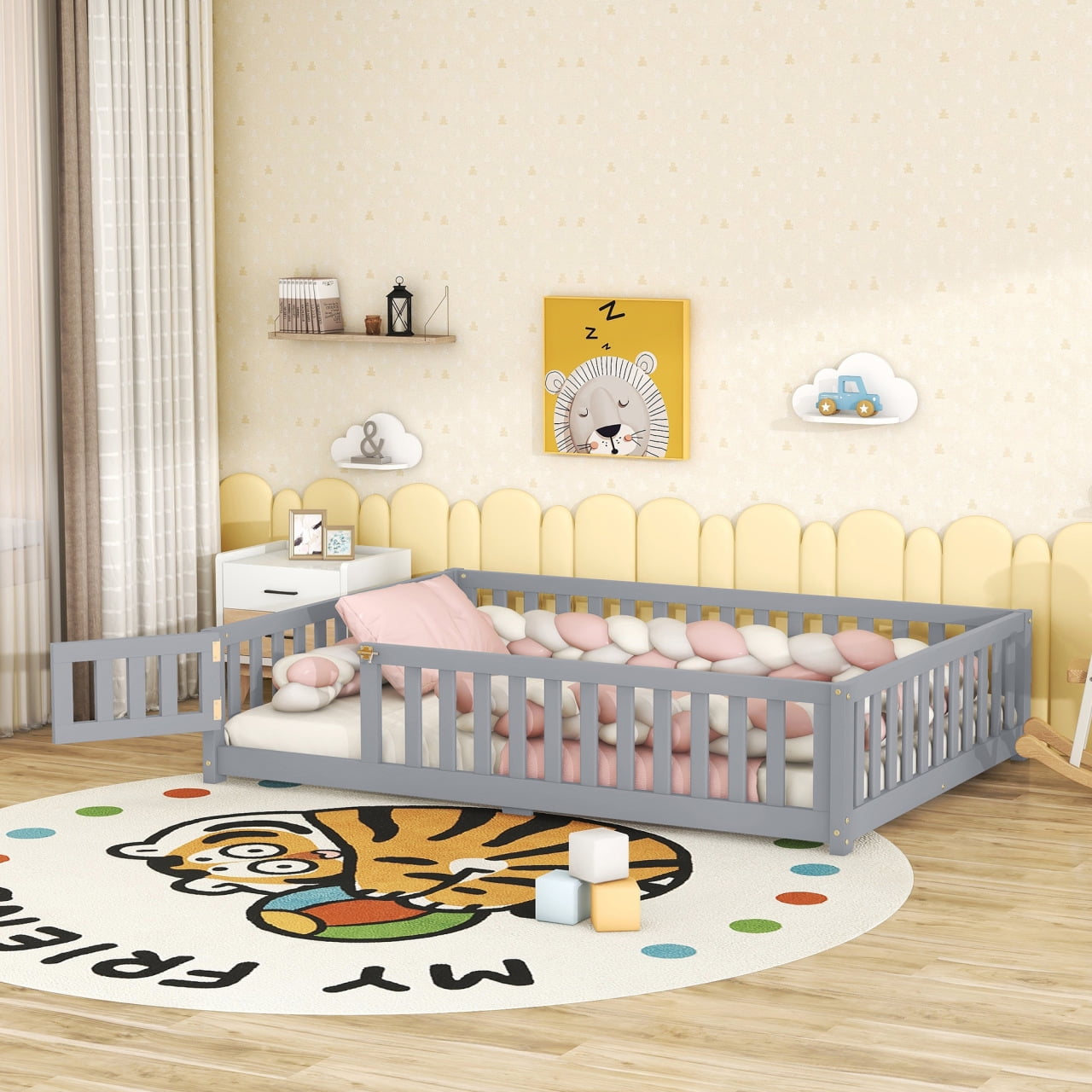 Modern Wooden Full Floor Bed with Safety Guardrails and Door, Kids