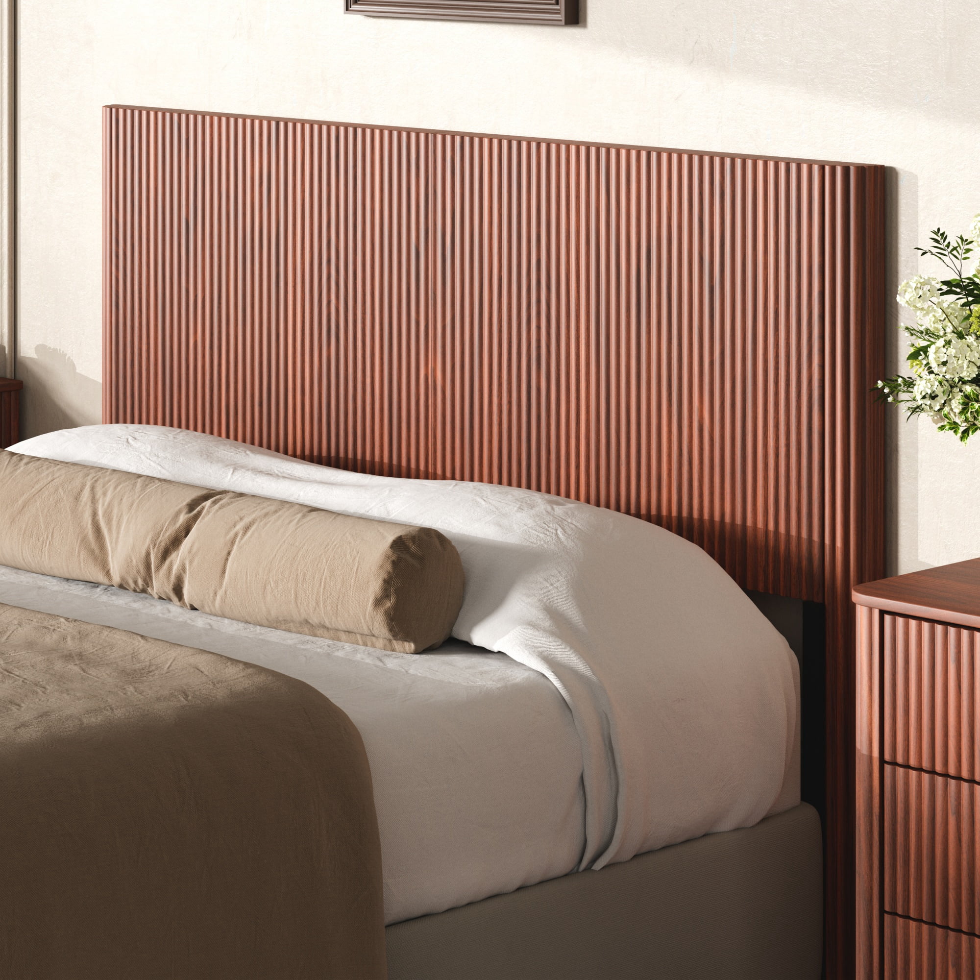 Modern Wooden Headboard with Arched Corrugated Design, Queen Size Vertical Grain Headboard for Bedroom, Walnut