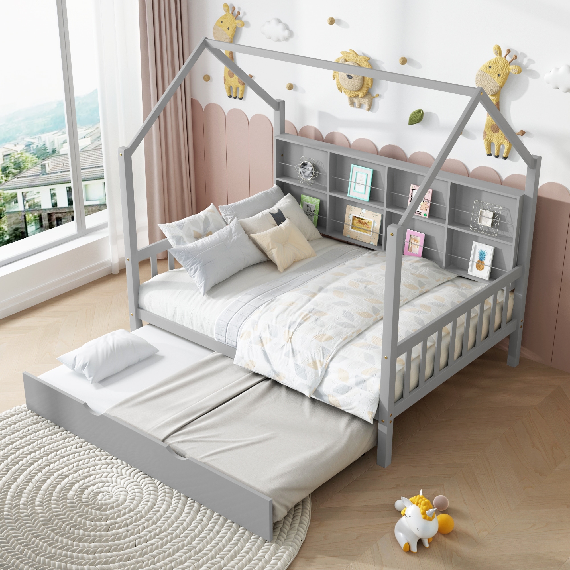 Modern Wooden House Bed with Trundle And Shelf Grey - Full - Walmart.com