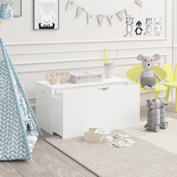 Modern Wooden Kids Toy Storage Organizer with Rolling Pull-Out Drawer Large Toy Chest with Wheels for Nursery Bedroom & Playroom