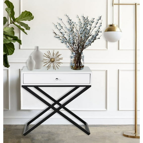 Modern Wooden Nightstand with Drawer,Side End Table with Glass Top and Metal X-Base Legs,White