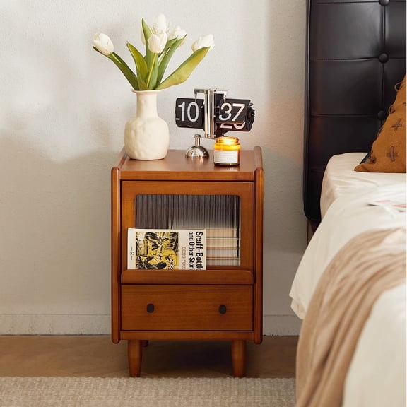 Modern Wooden Nightstand with Smoked Glass Front & 2 Drawers Bedroom Side Table for Lamps, Books, Alarm Clock
